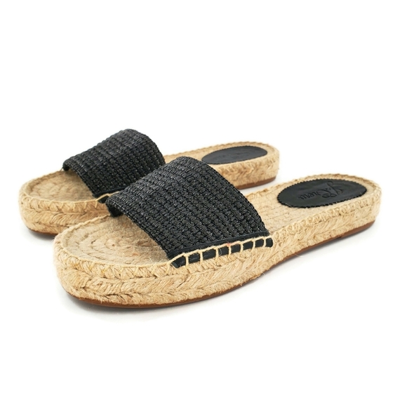 J. Crew Raffia Espadrille Black Woven Vamp Strap Flat Slide-On Sandals